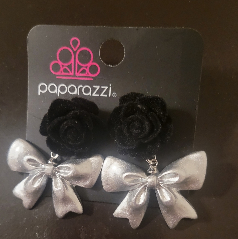 Paparazzi Black Rose with Silver Bow Dangle Earrings
